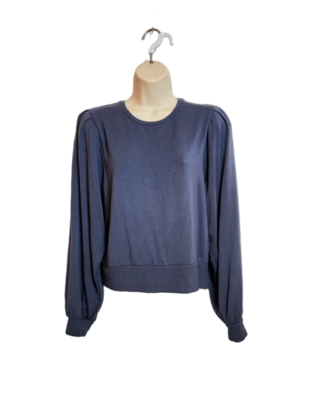 Express Puff Sleeve Metallic Speckled Fleece Pullover Sweatshirt Blue Medium